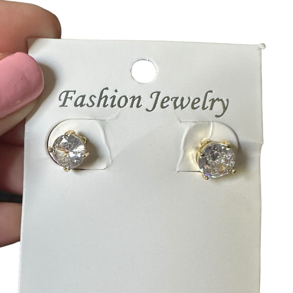 14K Gold Plated Round Diamond Zircon Stud Earrings - Picture 3 of 6
